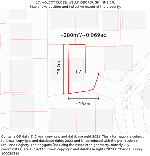17, HOLCOT CLOSE, WELLINGBOROUGH, NN8 5FL: Plot and title map