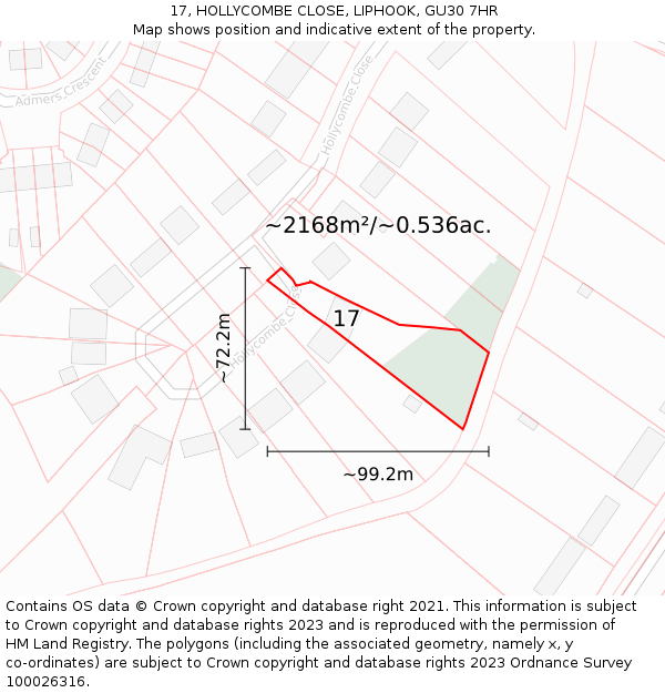 17, HOLLYCOMBE CLOSE, LIPHOOK, GU30 7HR: Plot and title map
