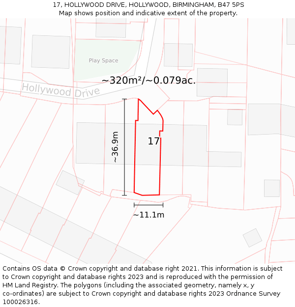 17, HOLLYWOOD DRIVE, HOLLYWOOD, BIRMINGHAM, B47 5PS: Plot and title map