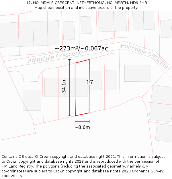 17, HOLMDALE CRESCENT, NETHERTHONG, HOLMFIRTH, HD9 3HB: Plot and title map