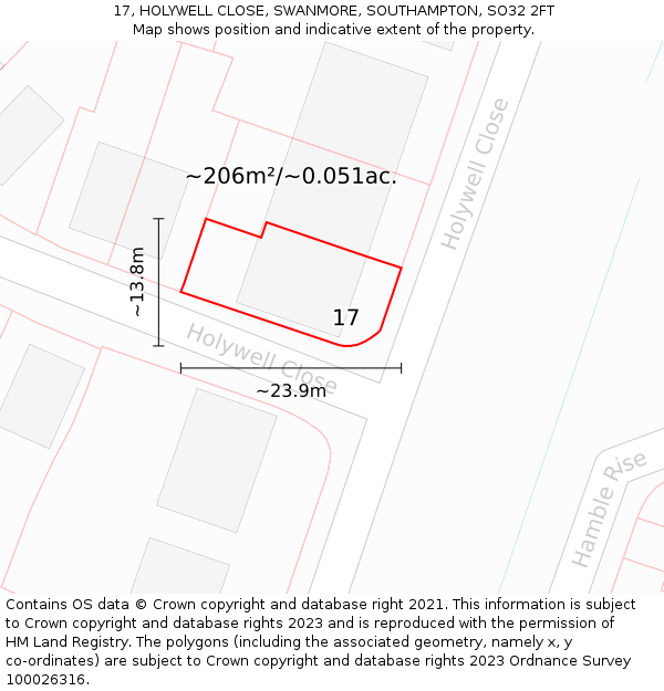 17, HOLYWELL CLOSE, SWANMORE, SOUTHAMPTON, SO32 2FT: Plot and title map