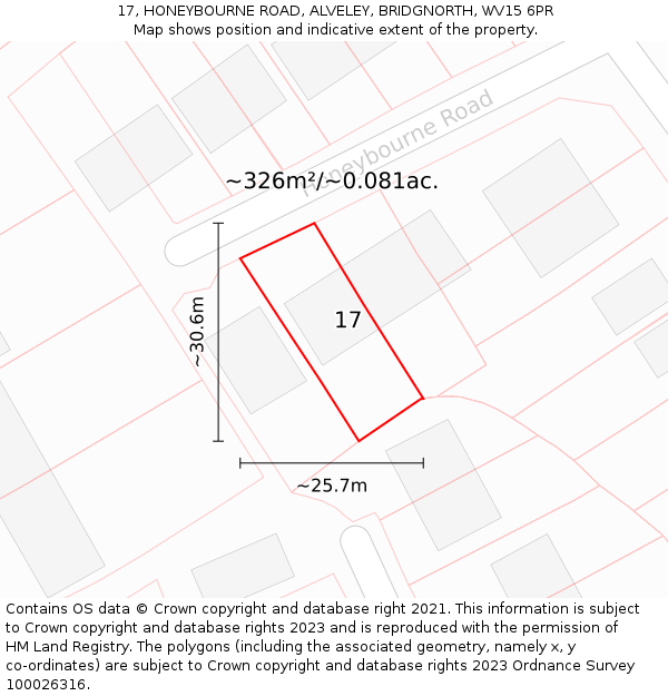 17, HONEYBOURNE ROAD, ALVELEY, BRIDGNORTH, WV15 6PR: Plot and title map