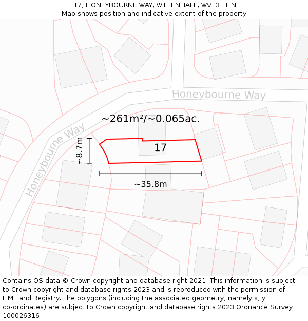 17, HONEYBOURNE WAY, WILLENHALL, WV13 1HN: Plot and title map