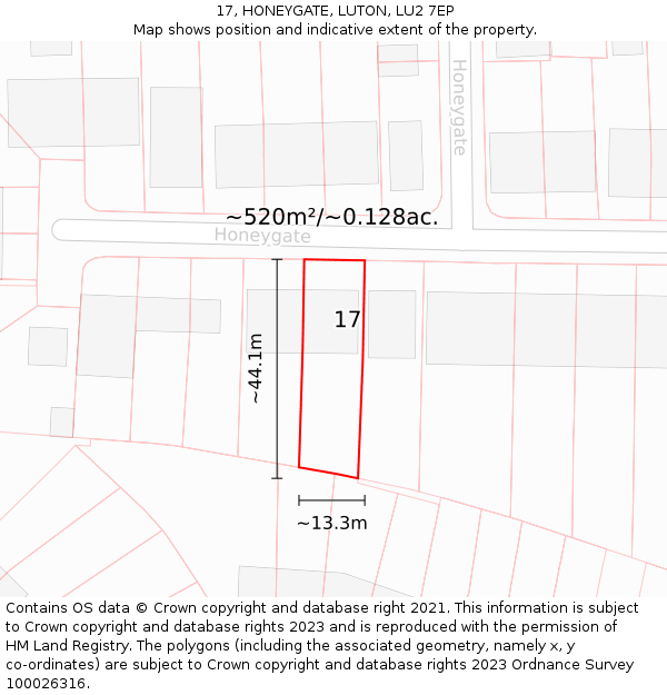 17, HONEYGATE, LUTON, LU2 7EP: Plot and title map