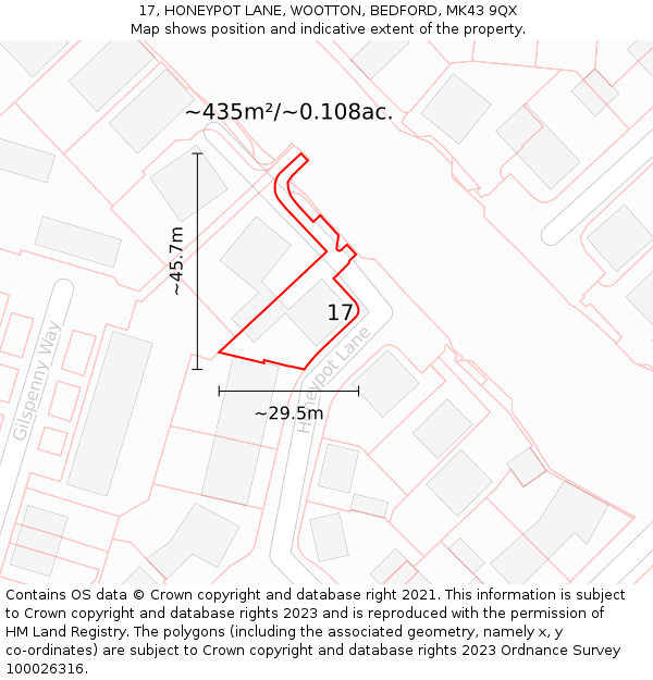 17, HONEYPOT LANE, WOOTTON, BEDFORD, MK43 9QX: Plot and title map