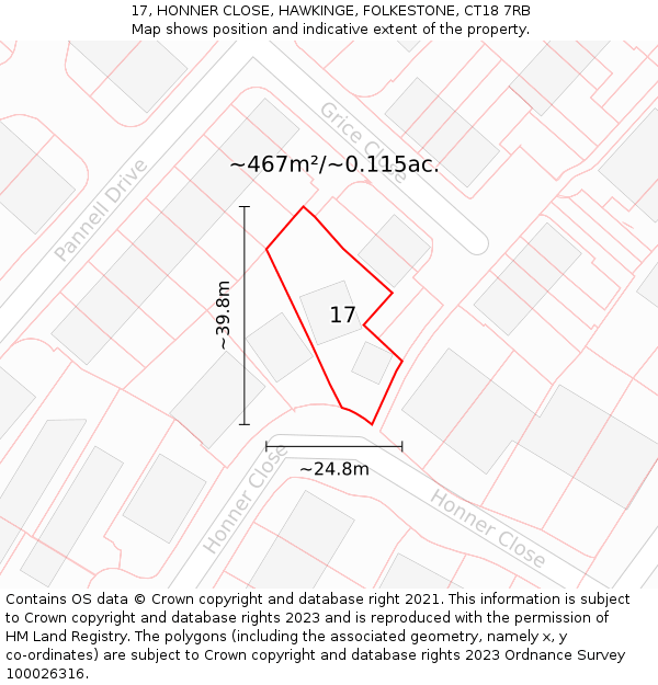 17, HONNER CLOSE, HAWKINGE, FOLKESTONE, CT18 7RB: Plot and title map