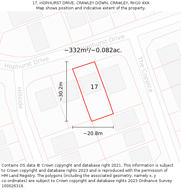 17, HOPHURST DRIVE, CRAWLEY DOWN, CRAWLEY, RH10 4XA: Plot and title map