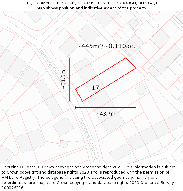 17, HORMARE CRESCENT, STORRINGTON, PULBOROUGH, RH20 4QT: Plot and title map