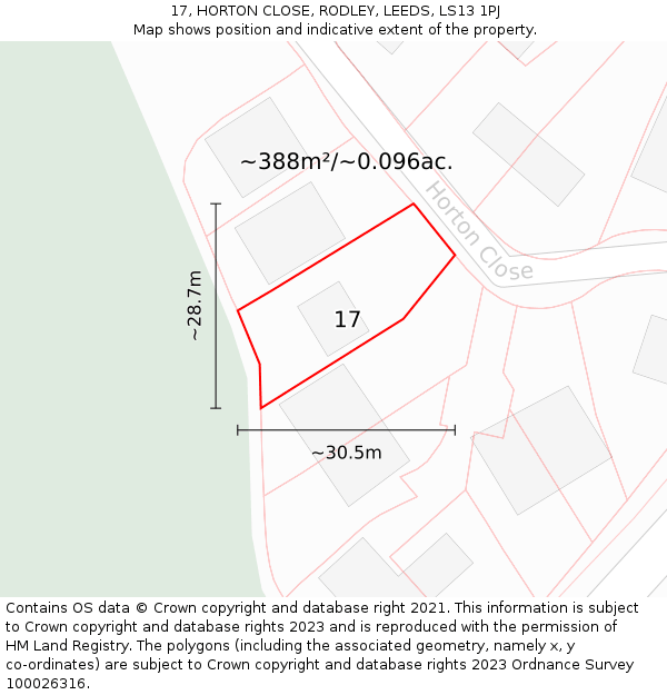 17, HORTON CLOSE, RODLEY, LEEDS, LS13 1PJ: Plot and title map