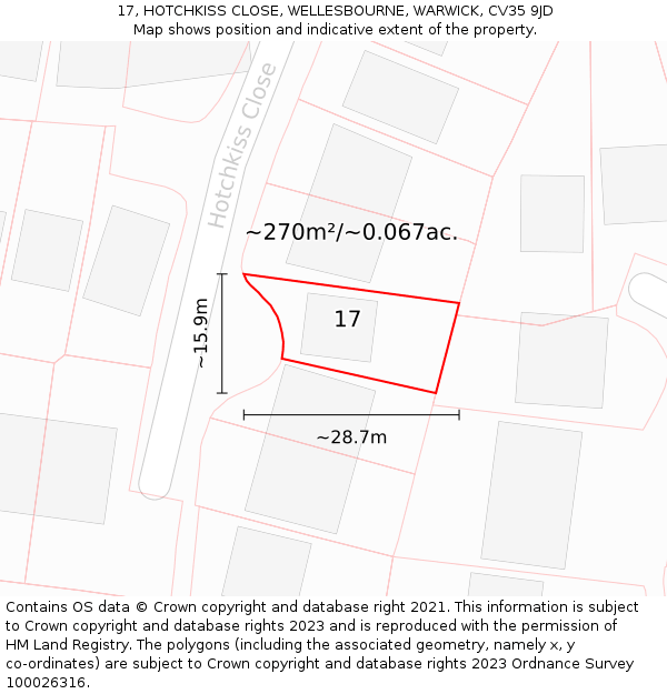 17, HOTCHKISS CLOSE, WELLESBOURNE, WARWICK, CV35 9JD: Plot and title map