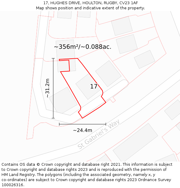 17, HUGHES DRIVE, HOULTON, RUGBY, CV23 1AF: Plot and title map