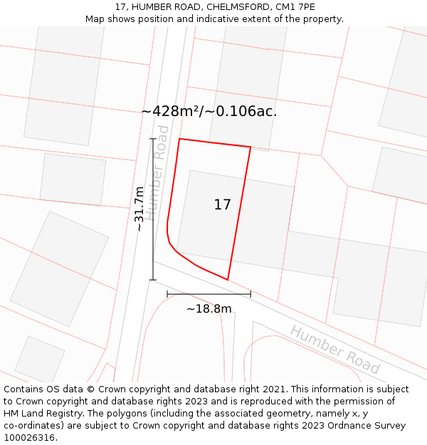 17, HUMBER ROAD, CHELMSFORD, CM1 7PE: Plot and title map