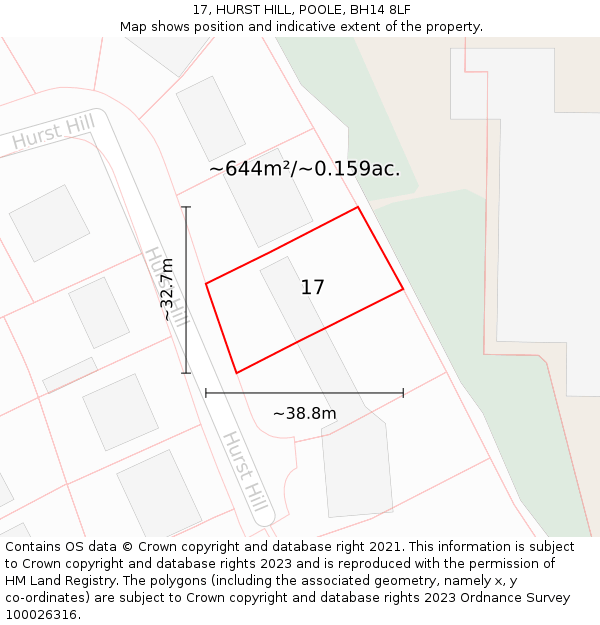 17, HURST HILL, POOLE, BH14 8LF: Plot and title map