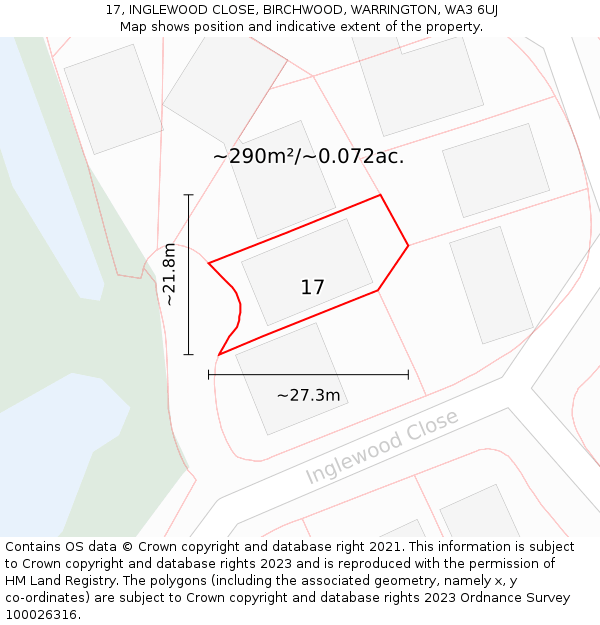 17, INGLEWOOD CLOSE, BIRCHWOOD, WARRINGTON, WA3 6UJ: Plot and title map