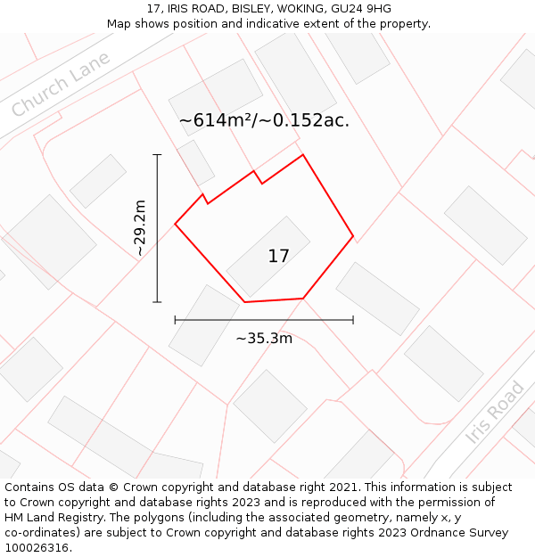 17, IRIS ROAD, BISLEY, WOKING, GU24 9HG: Plot and title map