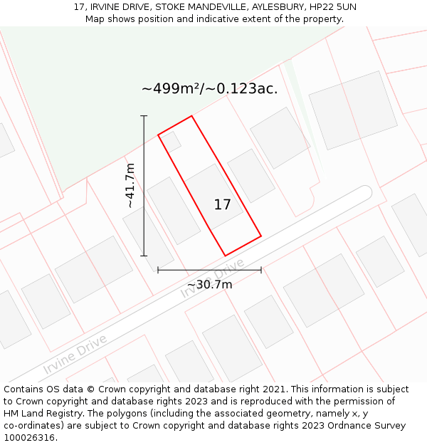 17, IRVINE DRIVE, STOKE MANDEVILLE, AYLESBURY, HP22 5UN: Plot and title map