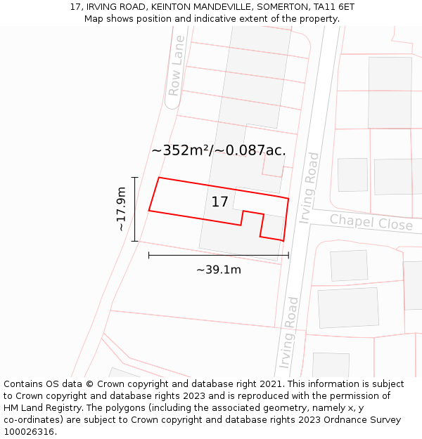 17, IRVING ROAD, KEINTON MANDEVILLE, SOMERTON, TA11 6ET: Plot and title map