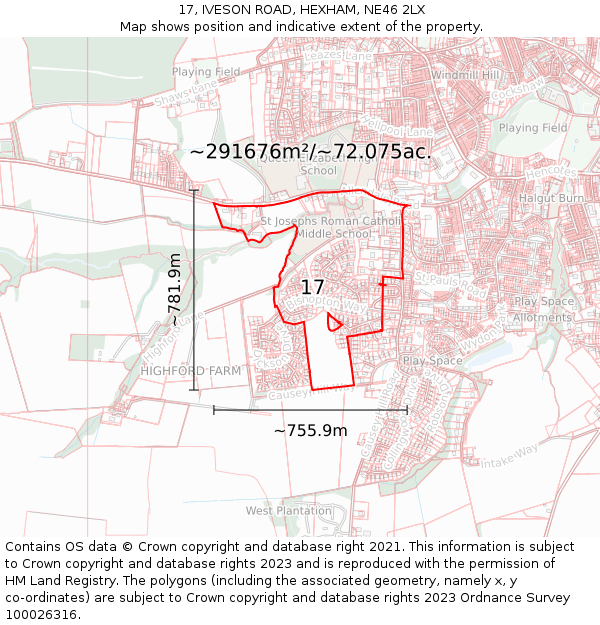17, IVESON ROAD, HEXHAM, NE46 2LX: Plot and title map