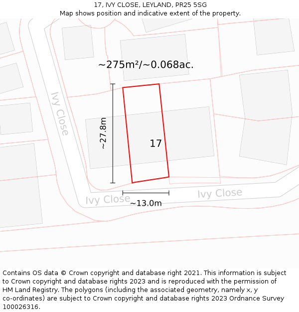 17, IVY CLOSE, LEYLAND, PR25 5SG: Plot and title map