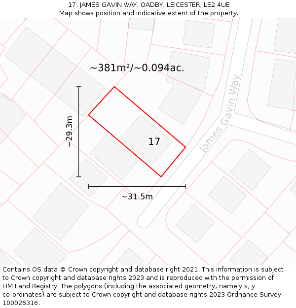 17, JAMES GAVIN WAY, OADBY, LEICESTER, LE2 4UE: Plot and title map