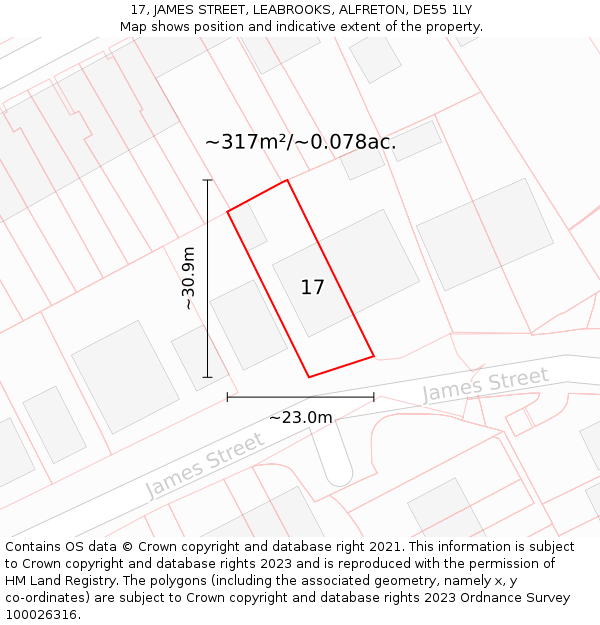17, JAMES STREET, LEABROOKS, ALFRETON, DE55 1LY: Plot and title map
