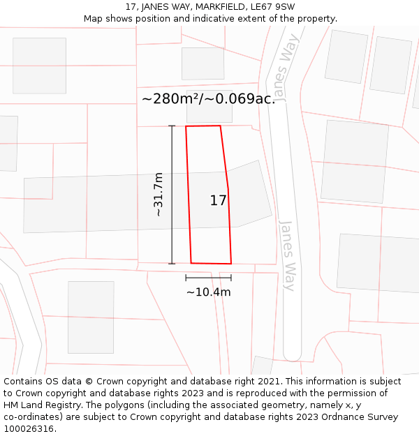 17, JANES WAY, MARKFIELD, LE67 9SW: Plot and title map