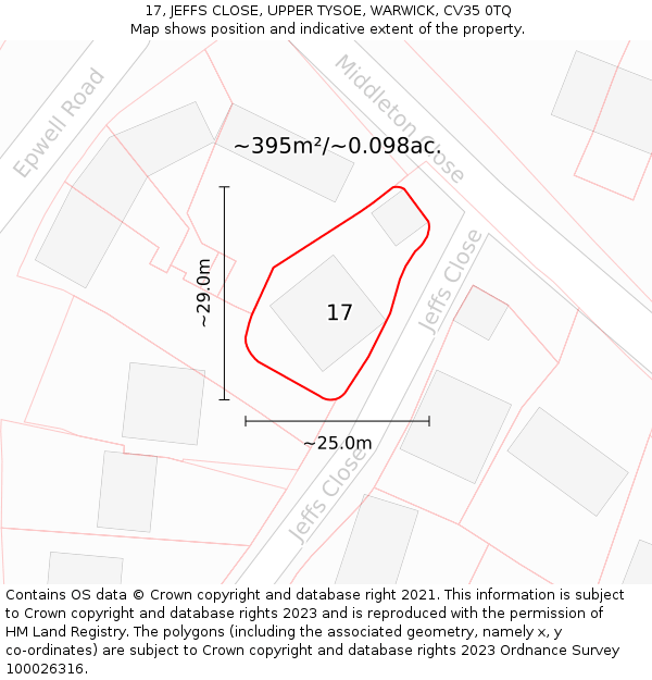 17, JEFFS CLOSE, UPPER TYSOE, WARWICK, CV35 0TQ: Plot and title map