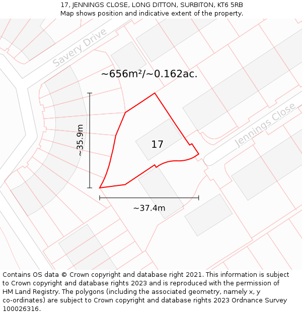 17, JENNINGS CLOSE, LONG DITTON, SURBITON, KT6 5RB: Plot and title map
