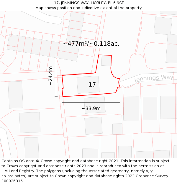 17, JENNINGS WAY, HORLEY, RH6 9SF: Plot and title map