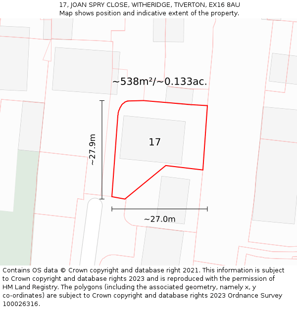 17, JOAN SPRY CLOSE, WITHERIDGE, TIVERTON, EX16 8AU: Plot and title map