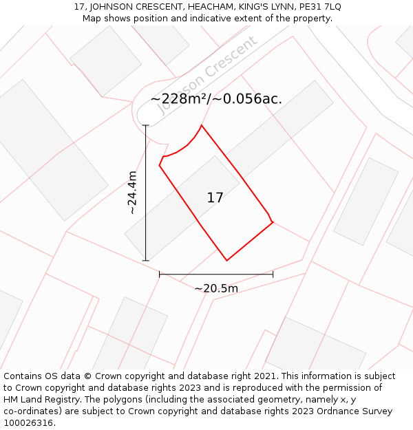 17, JOHNSON CRESCENT, HEACHAM, KING'S LYNN, PE31 7LQ: Plot and title map