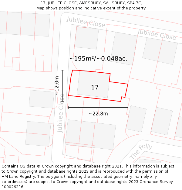 17, JUBILEE CLOSE, AMESBURY, SALISBURY, SP4 7GJ: Plot and title map