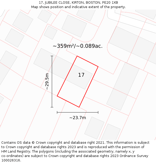 17, JUBILEE CLOSE, KIRTON, BOSTON, PE20 1XB: Plot and title map