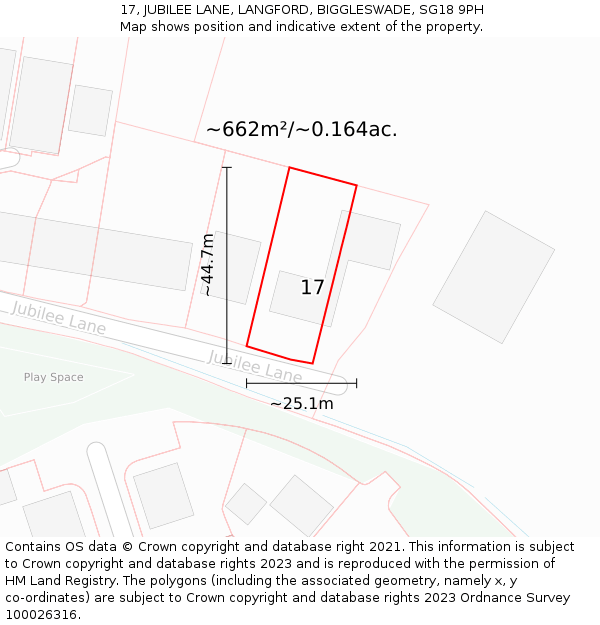 17, JUBILEE LANE, LANGFORD, BIGGLESWADE, SG18 9PH: Plot and title map