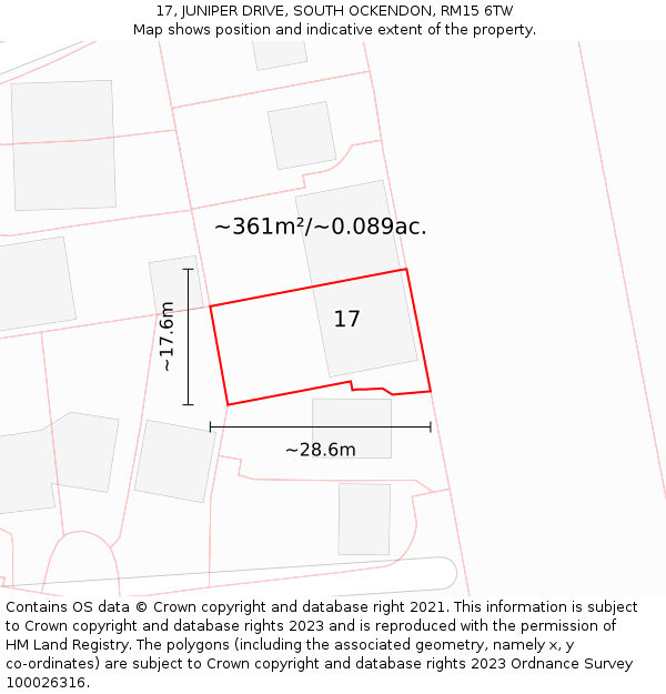 17, JUNIPER DRIVE, SOUTH OCKENDON, RM15 6TW: Plot and title map