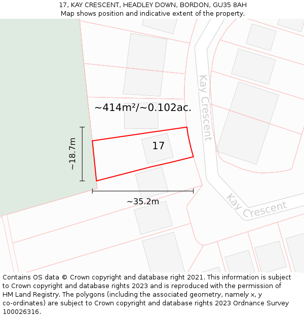 17, KAY CRESCENT, HEADLEY DOWN, BORDON, GU35 8AH: Plot and title map