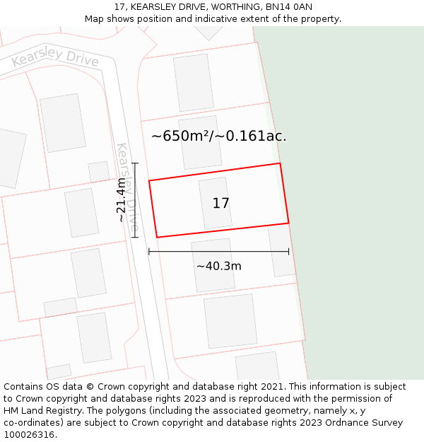 17, KEARSLEY DRIVE, WORTHING, BN14 0AN: Plot and title map