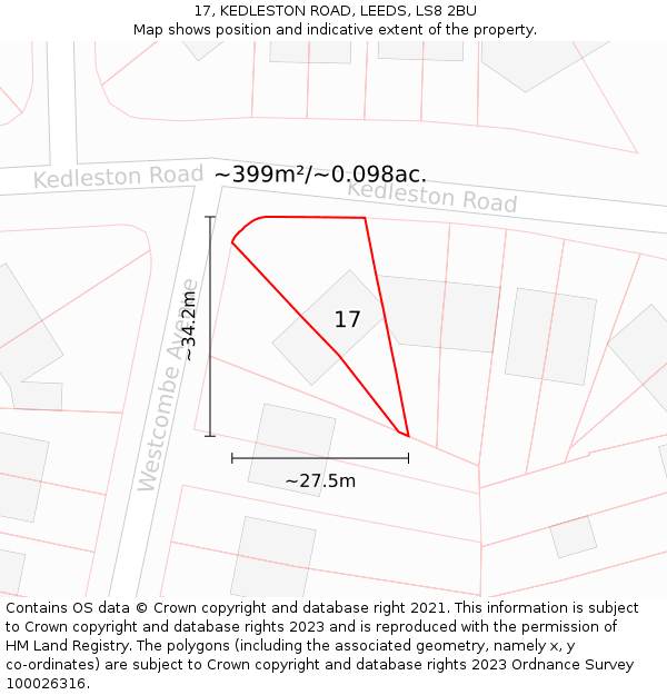 17, KEDLESTON ROAD, LEEDS, LS8 2BU: Plot and title map