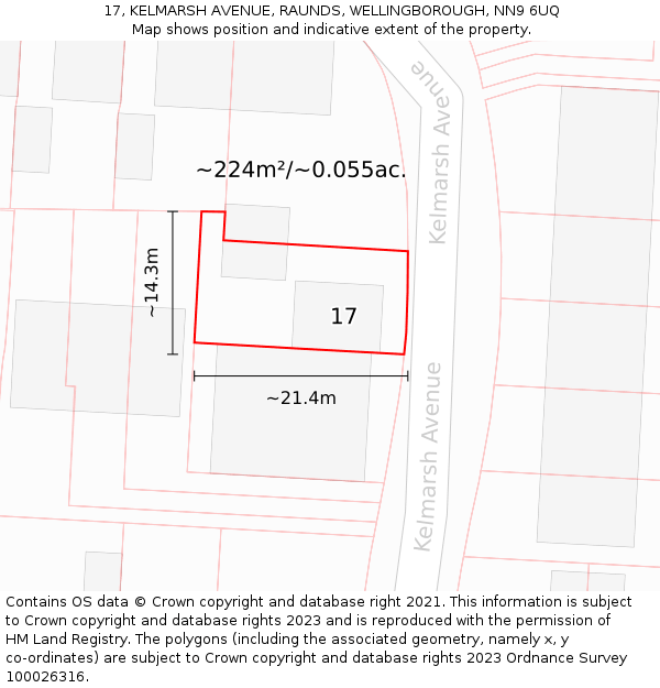 17, KELMARSH AVENUE, RAUNDS, WELLINGBOROUGH, NN9 6UQ: Plot and title map