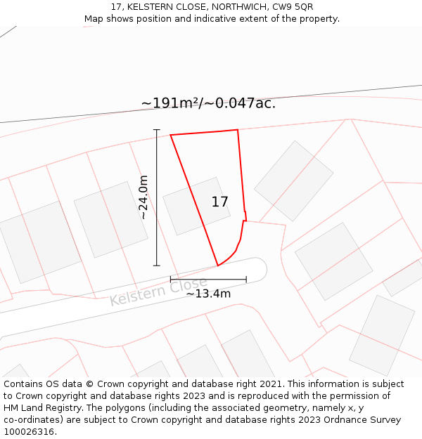 17, KELSTERN CLOSE, NORTHWICH, CW9 5QR: Plot and title map