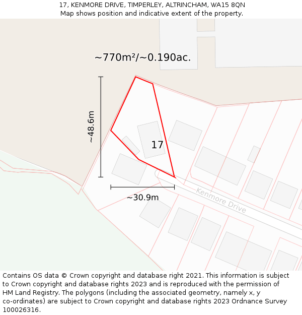 17, KENMORE DRIVE, TIMPERLEY, ALTRINCHAM, WA15 8QN: Plot and title map