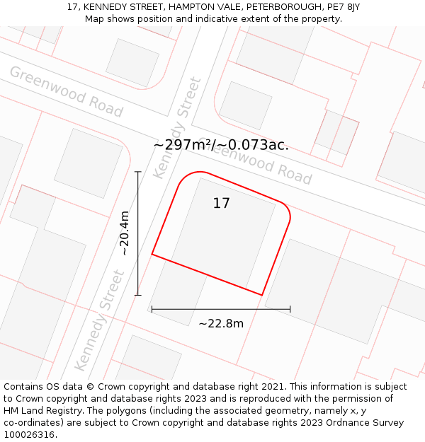 17, KENNEDY STREET, HAMPTON VALE, PETERBOROUGH, PE7 8JY: Plot and title map