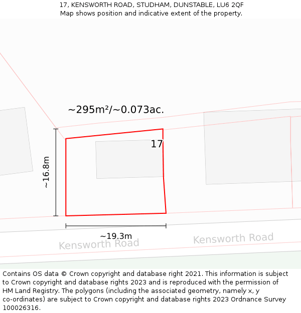 17, KENSWORTH ROAD, STUDHAM, DUNSTABLE, LU6 2QF: Plot and title map