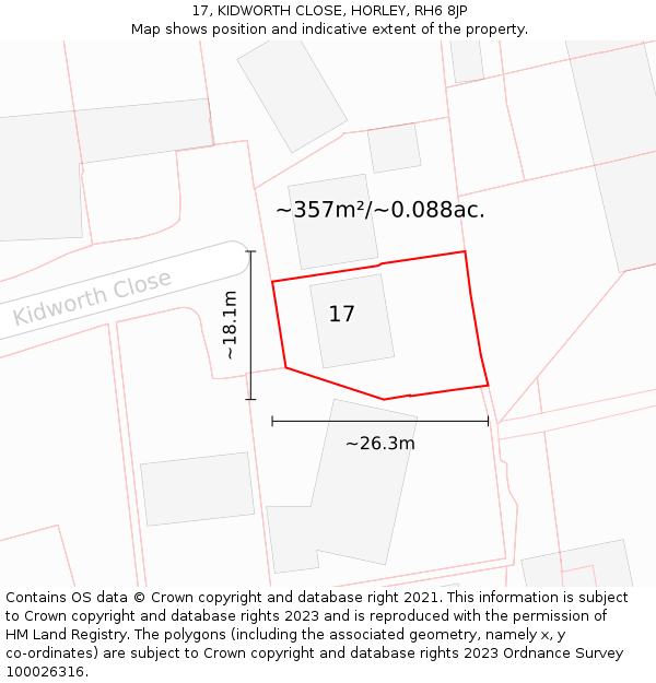 17, KIDWORTH CLOSE, HORLEY, RH6 8JP: Plot and title map