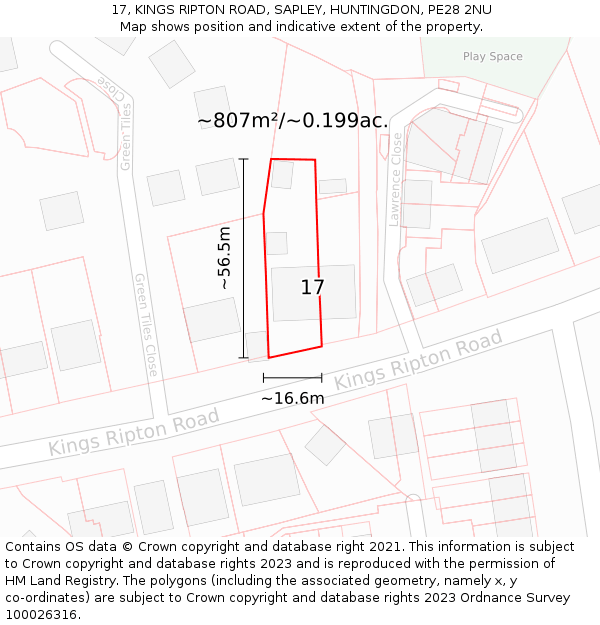 17, KINGS RIPTON ROAD, SAPLEY, HUNTINGDON, PE28 2NU: Plot and title map