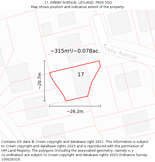 17, KIRKBY AVENUE, LEYLAND, PR25 5SQ: Plot and title map