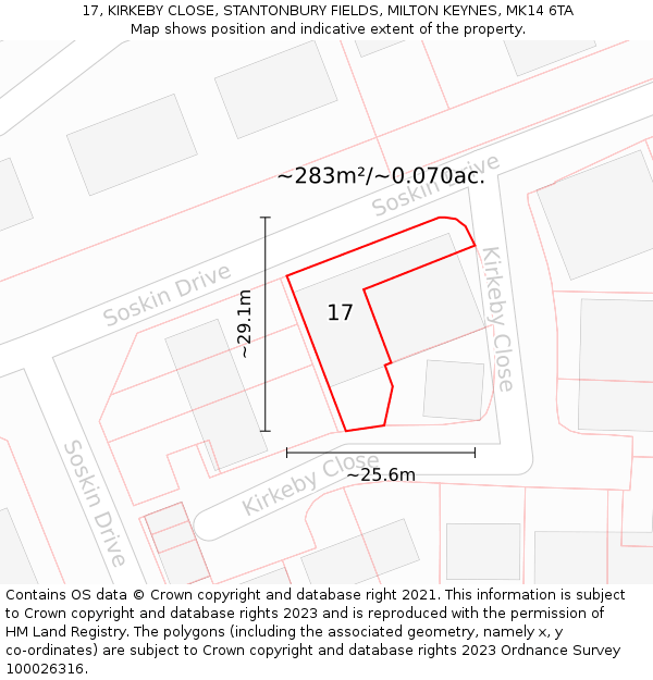 17, KIRKEBY CLOSE, STANTONBURY FIELDS, MILTON KEYNES, MK14 6TA: Plot and title map