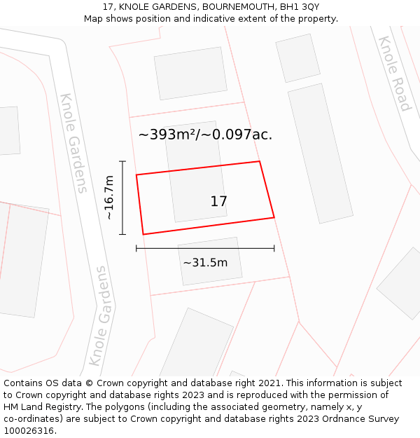 17, KNOLE GARDENS, BOURNEMOUTH, BH1 3QY: Plot and title map