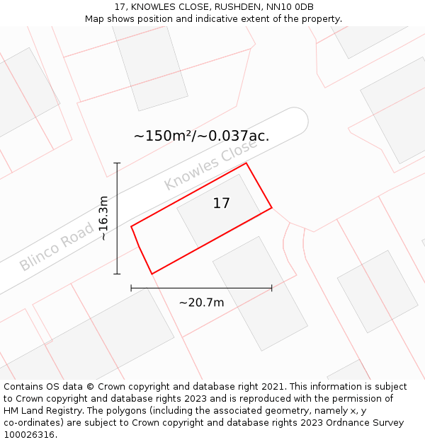 17, KNOWLES CLOSE, RUSHDEN, NN10 0DB: Plot and title map