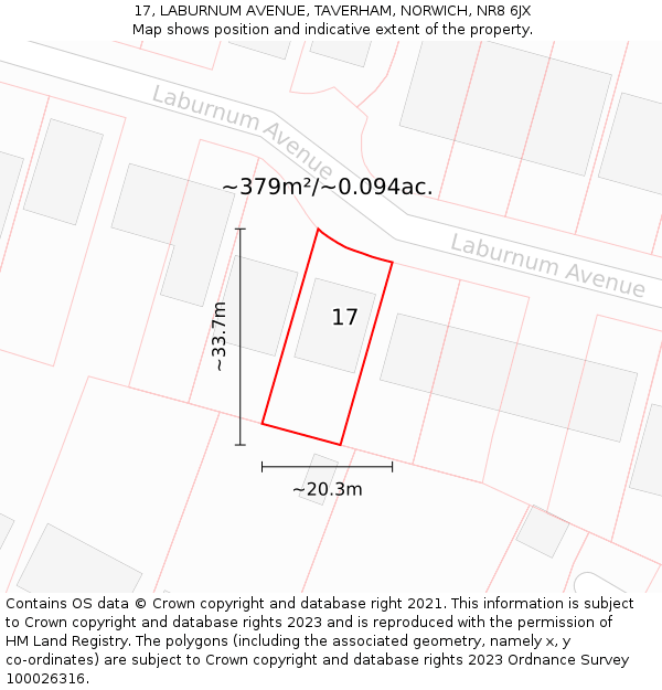 17, LABURNUM AVENUE, TAVERHAM, NORWICH, NR8 6JX: Plot and title map